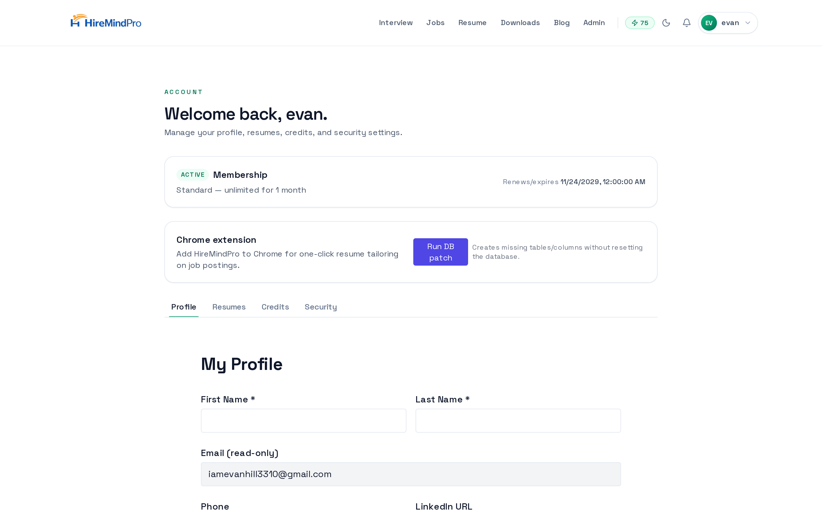The My Account page on the Profile tab, showing the welcome header and tab bar (Profile, Resumes, Credits, Security)