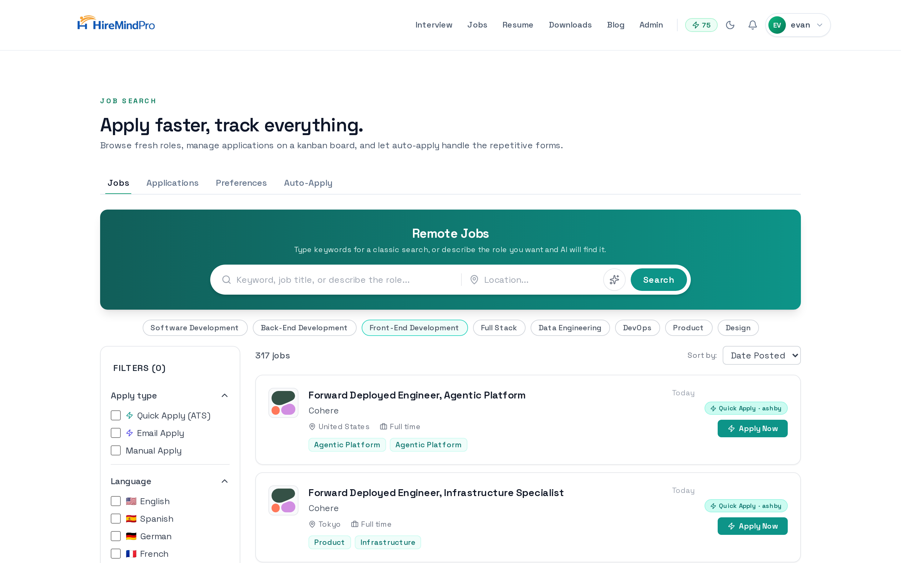 The Jobs tab with the search bar, category chips, and sidebar filters
