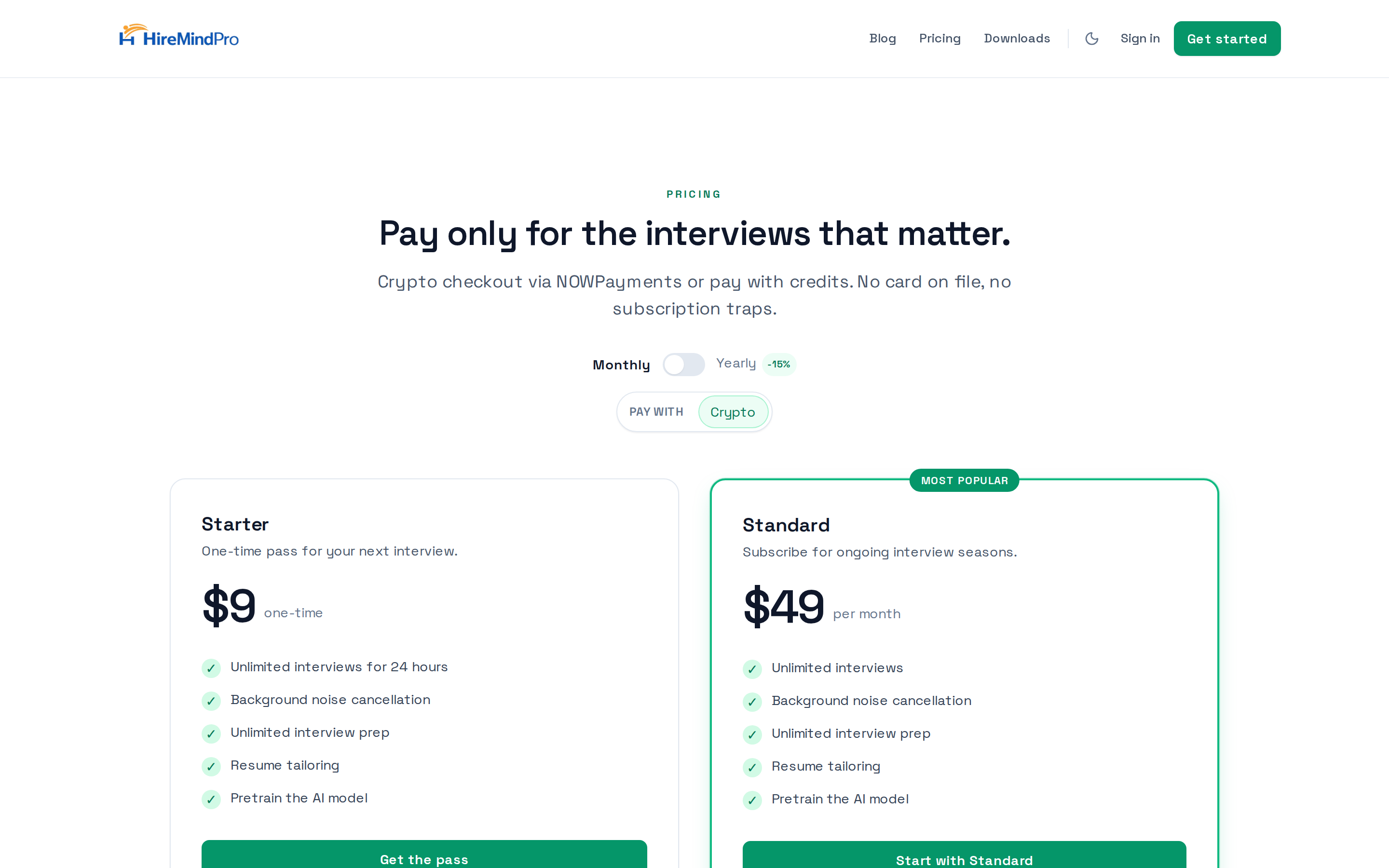 The pricing page with Starter and Standard plans and the Monthly/Yearly and Pay-with toggles
