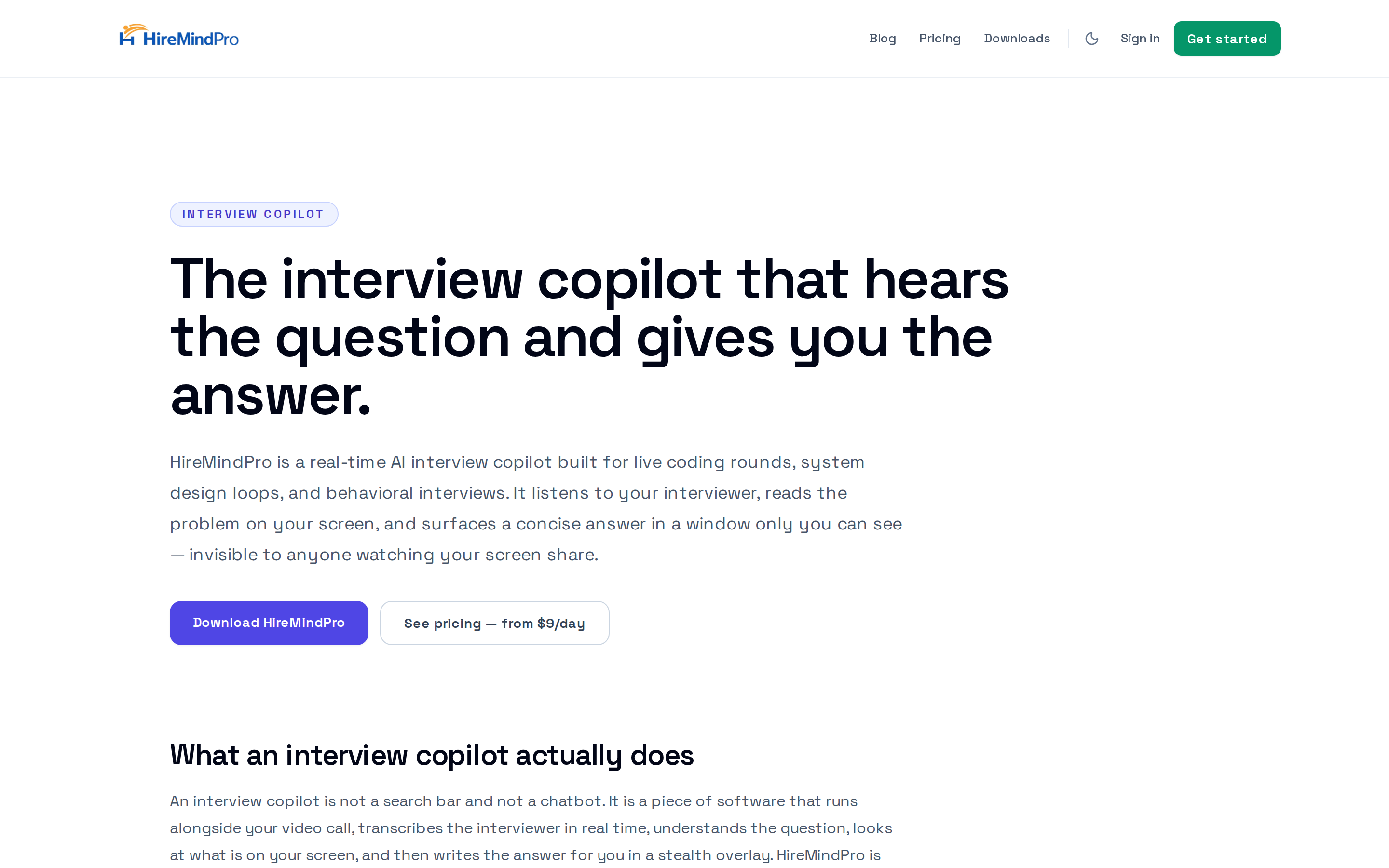 The 'Download HireMindPro' call-to-action on the Interview Copilot page that links to the Downloads page.