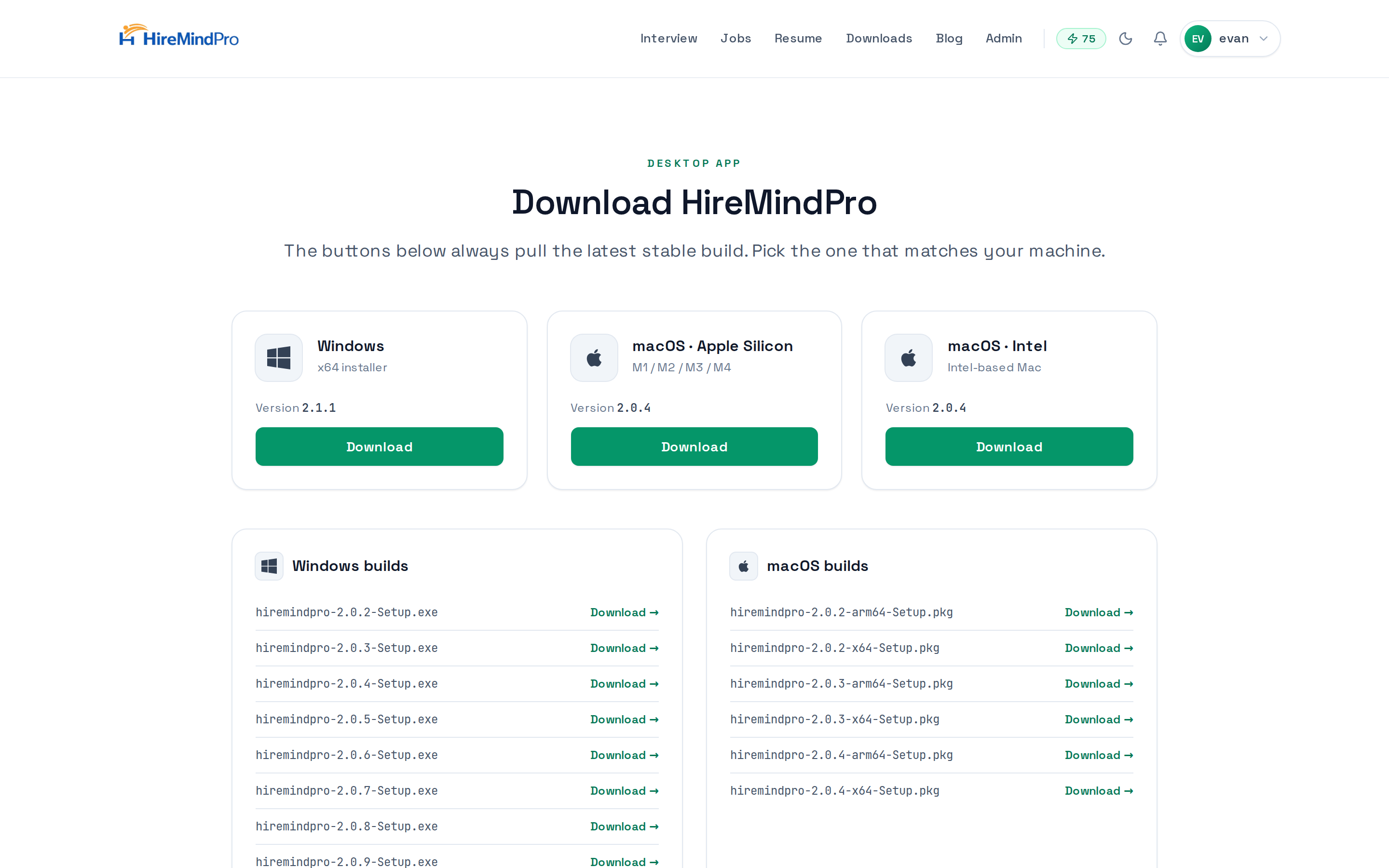 The Downloads page where new users land after verifying, offering the Windows and macOS desktop apps