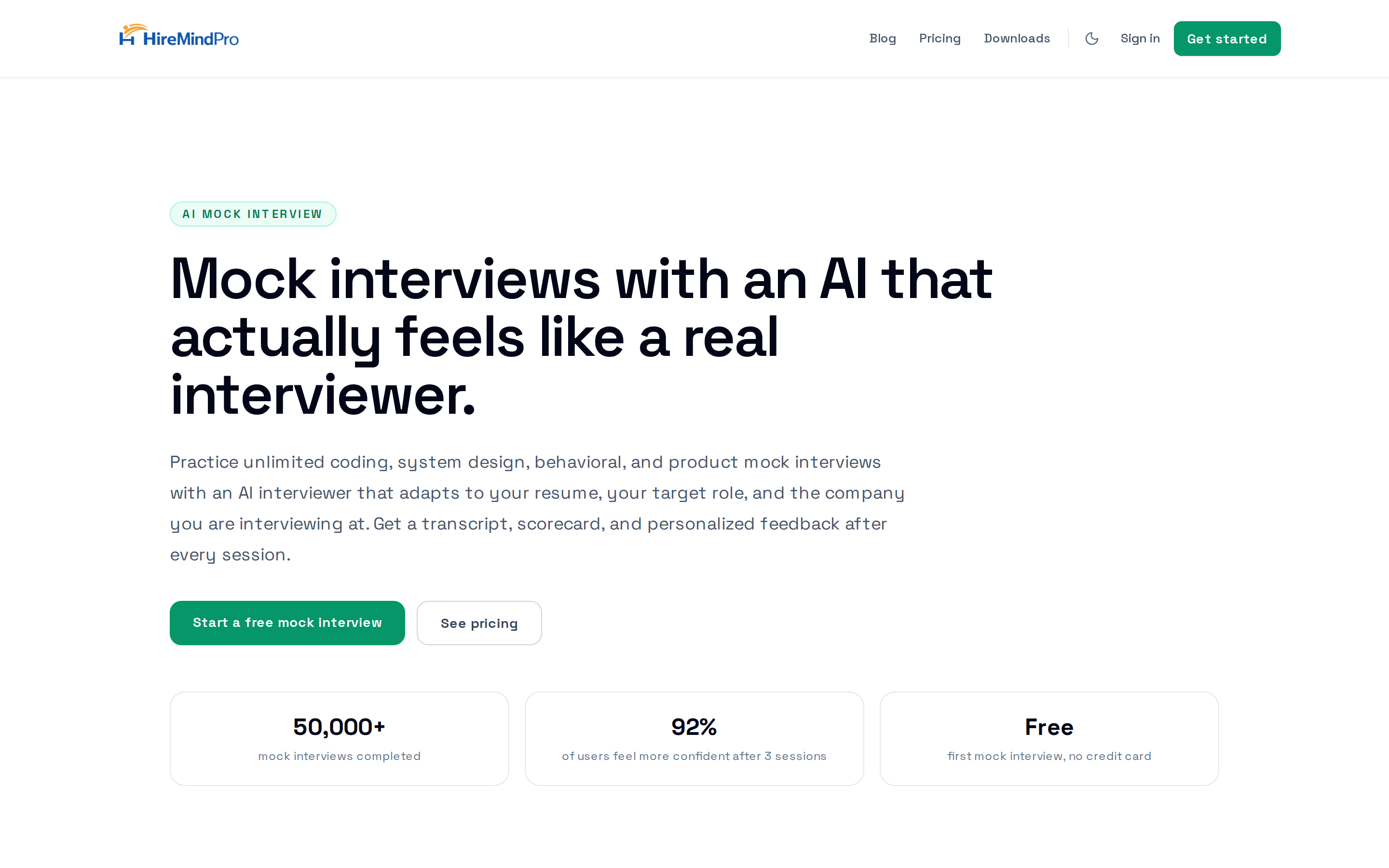 The public Mock Interview landing page describing the feature and interview types