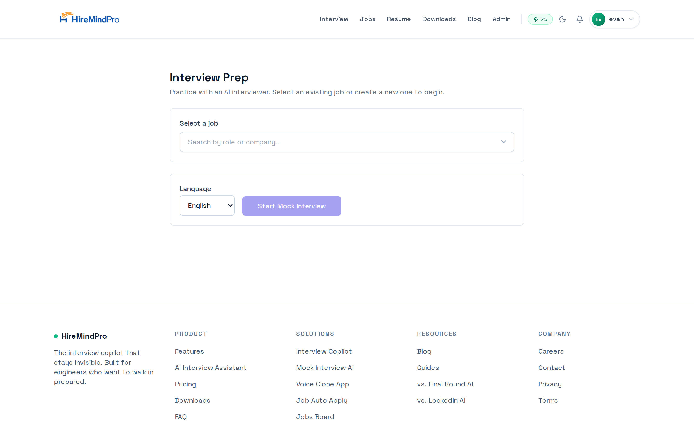 Selecting a job and language, then clicking Start Mock Interview