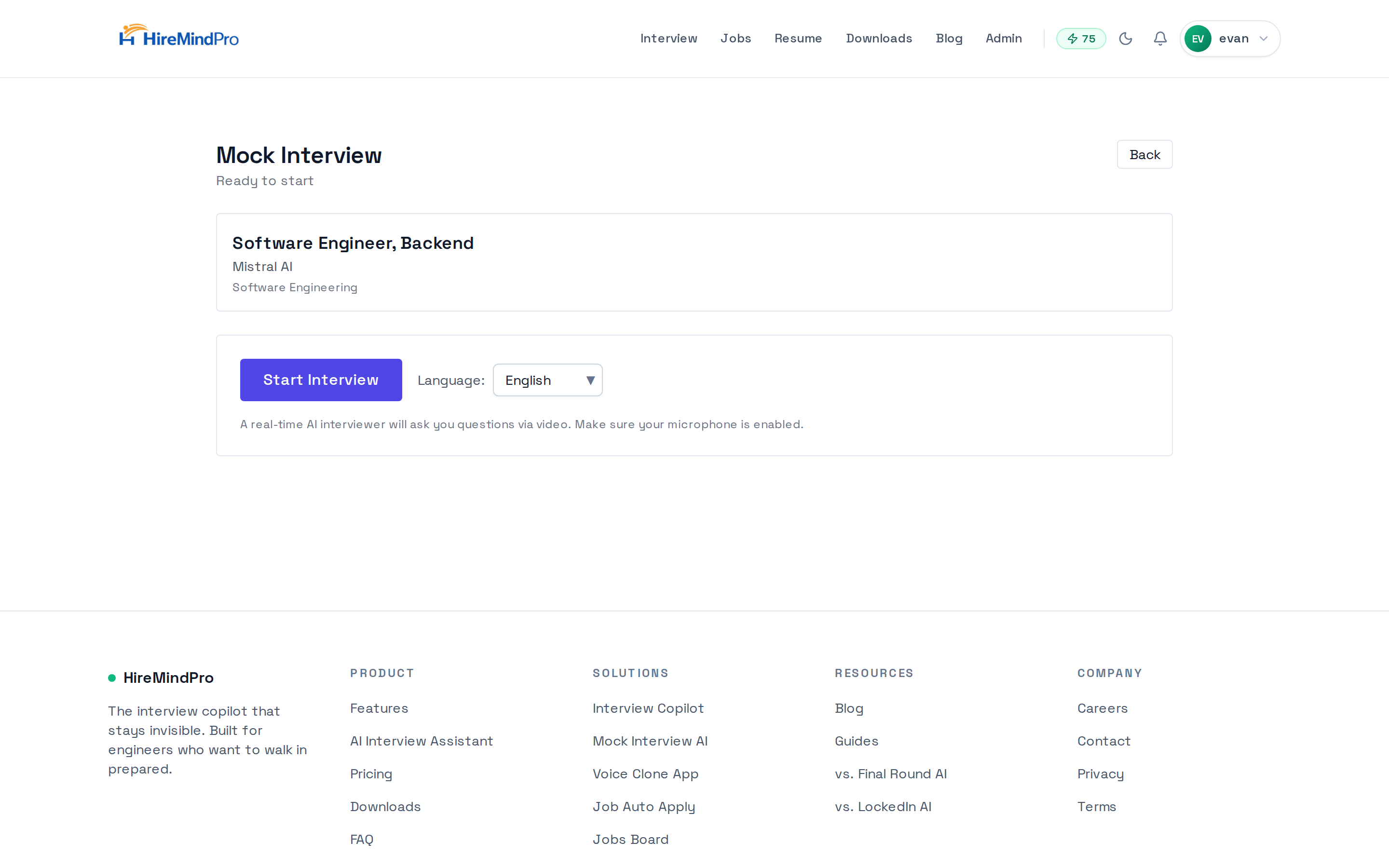 The Mock Interview page before starting, with the job card, Language dropdown, and Start Interview button