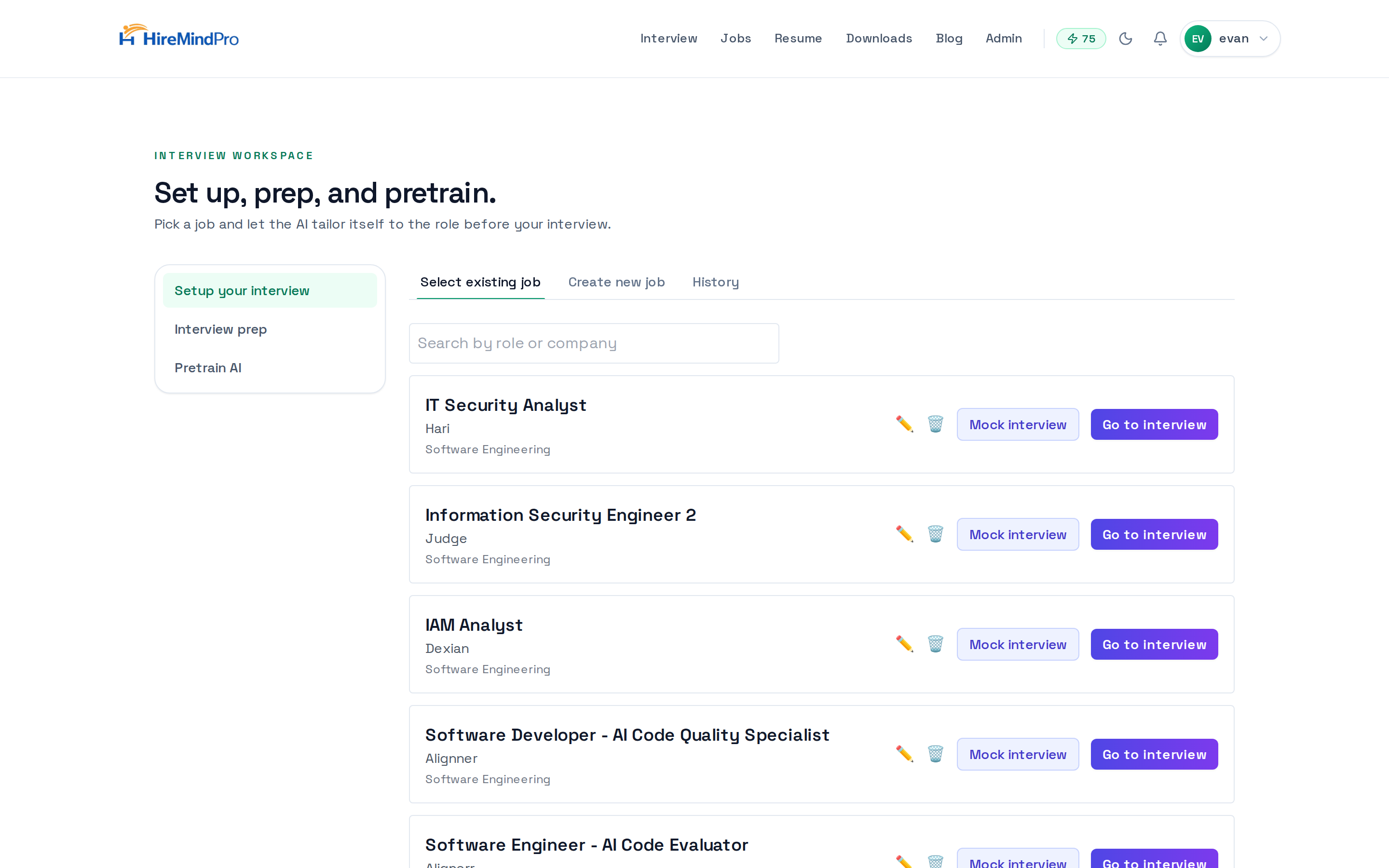 Interview workspace — the Select existing job list with Mock interview and Go to interview buttons