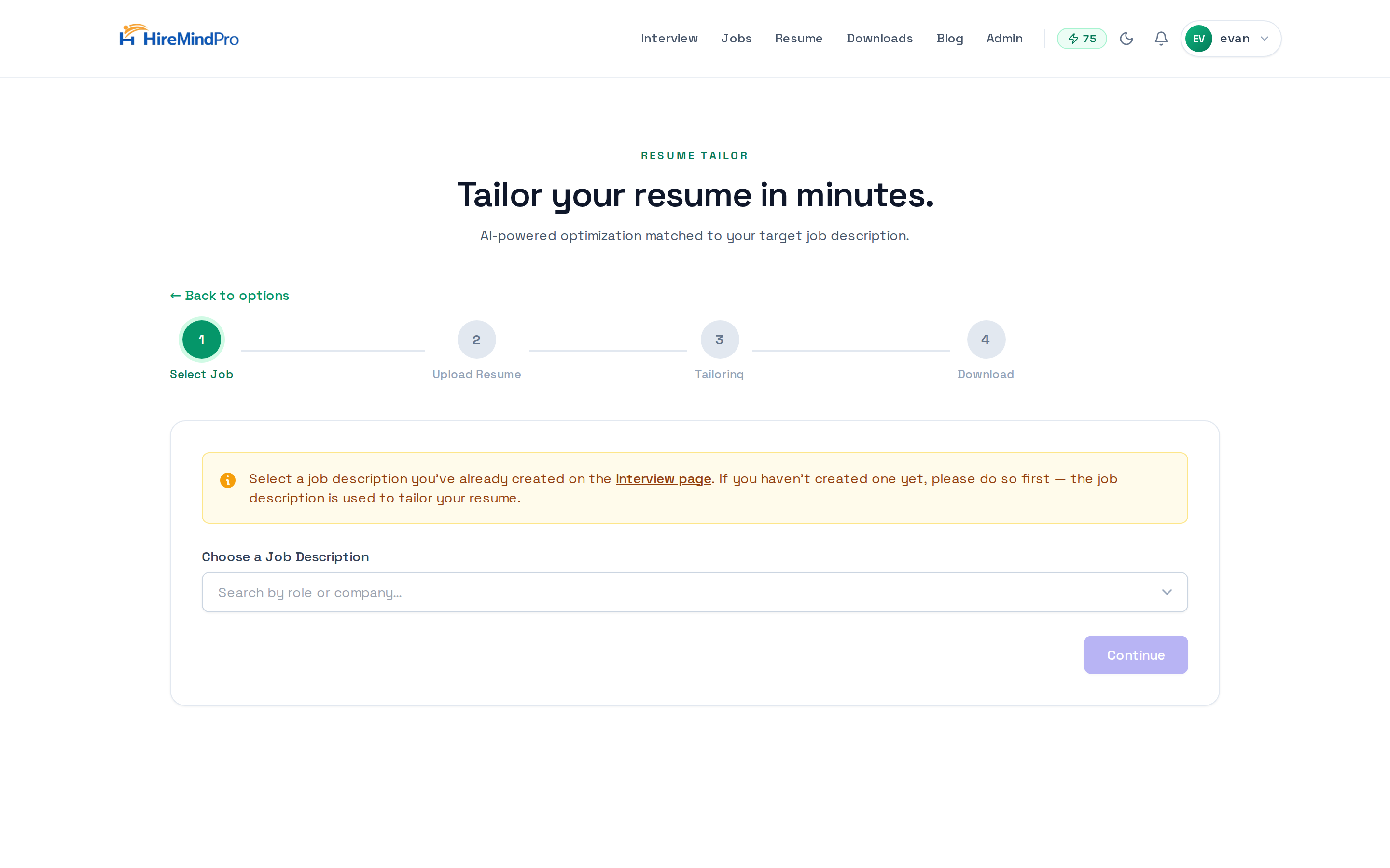 Step 1 of the wizard: searching for and selecting a saved job.